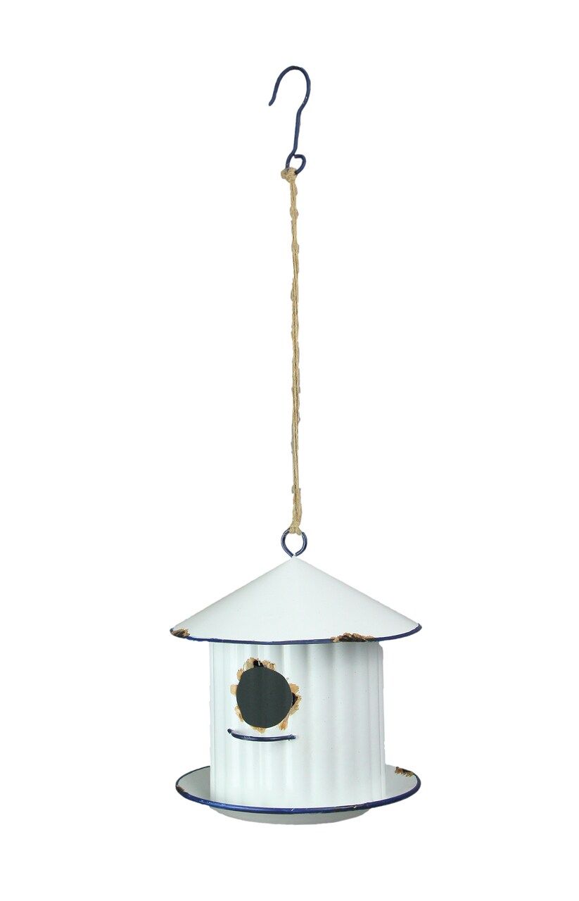 Weathered White Silo Design Hanging Metal Birdhouse With Blue Trim